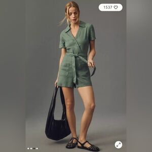 Maeve Linen Short-Sleeve Wrap Romper